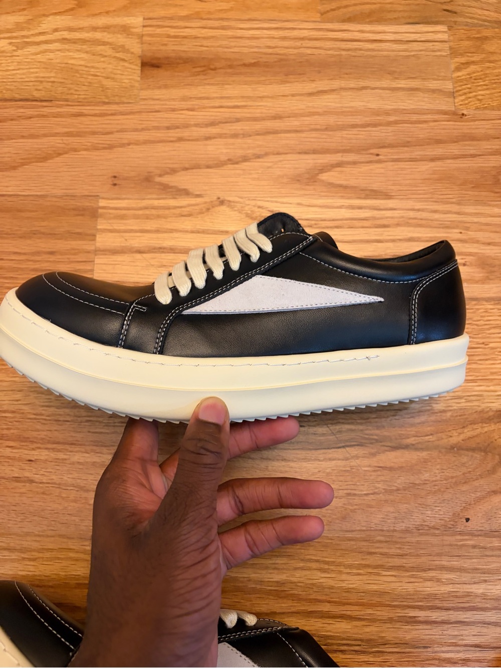 Rick Owens Black and Cream Low-Top Leather Sneakers